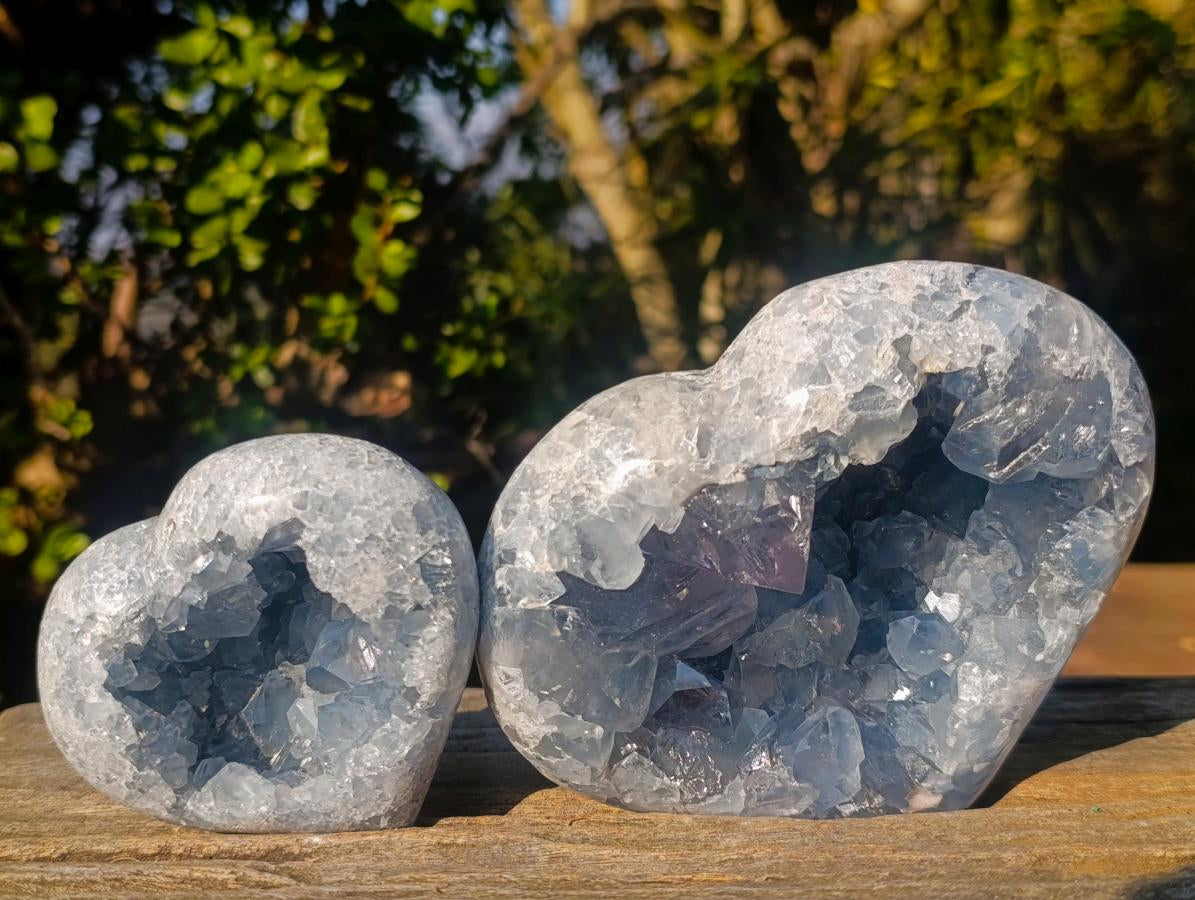 Polished and Natural Large Blue Celestite Hearts x 2 From Sakoany, Madagascar