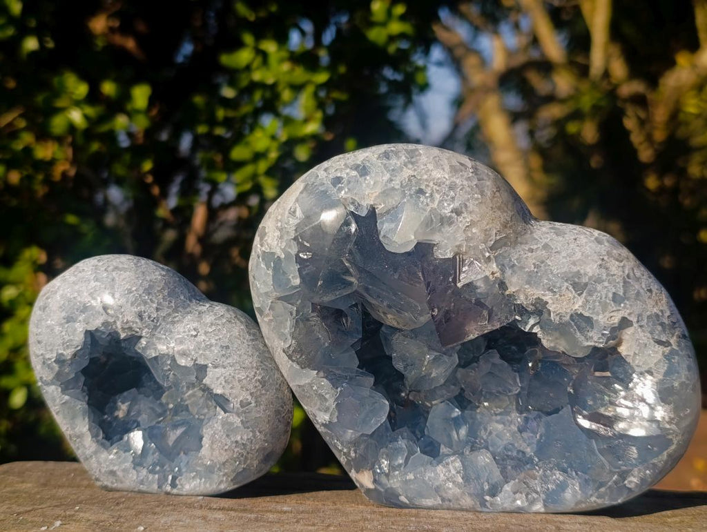 Polished and Natural Large Blue Celestite Hearts x 2 From Sakoany, Madagascar