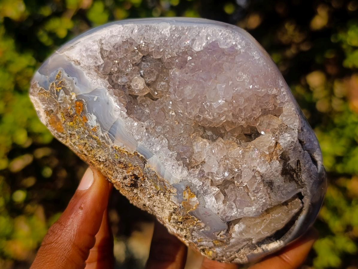 Polished One Side Banded Agate Nodules with Crystalline Geode Centres x 4 From Maintirano, Madagascar