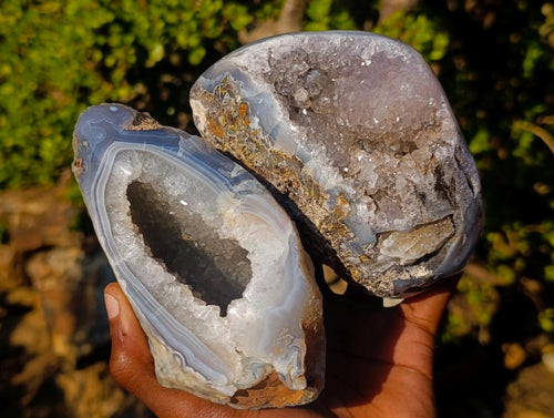 Polished One Side Banded Agate Nodules with Crystalline Geode Centres x 4 From Maintirano, Madagascar