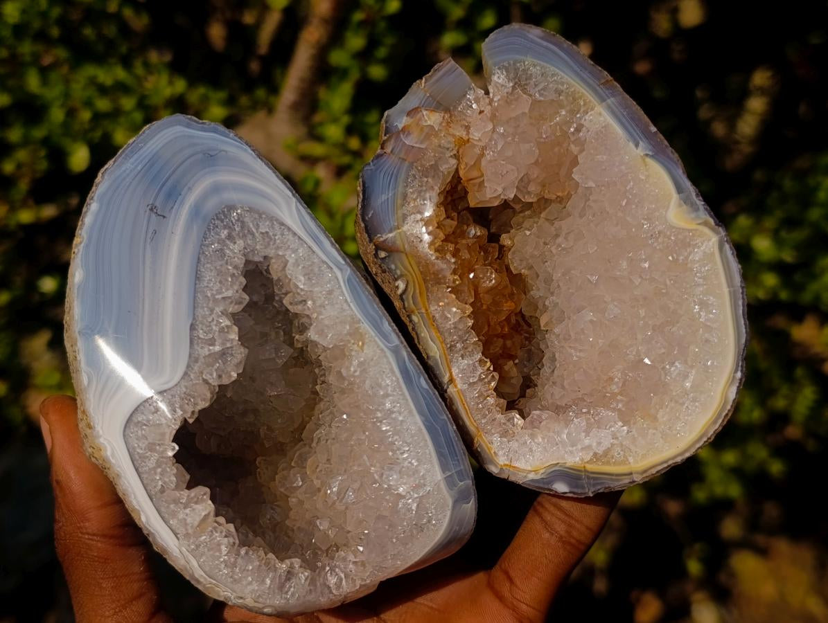 Polished One Side Banded Agate Nodules with Crystalline Geode Centres x 4 From Maintirano, Madagascar