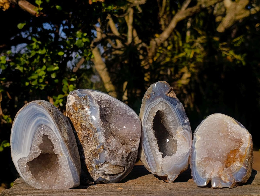 Polished One Side Banded Agate Nodules with Crystalline Geode Centres x 4 From Maintirano, Madagascar