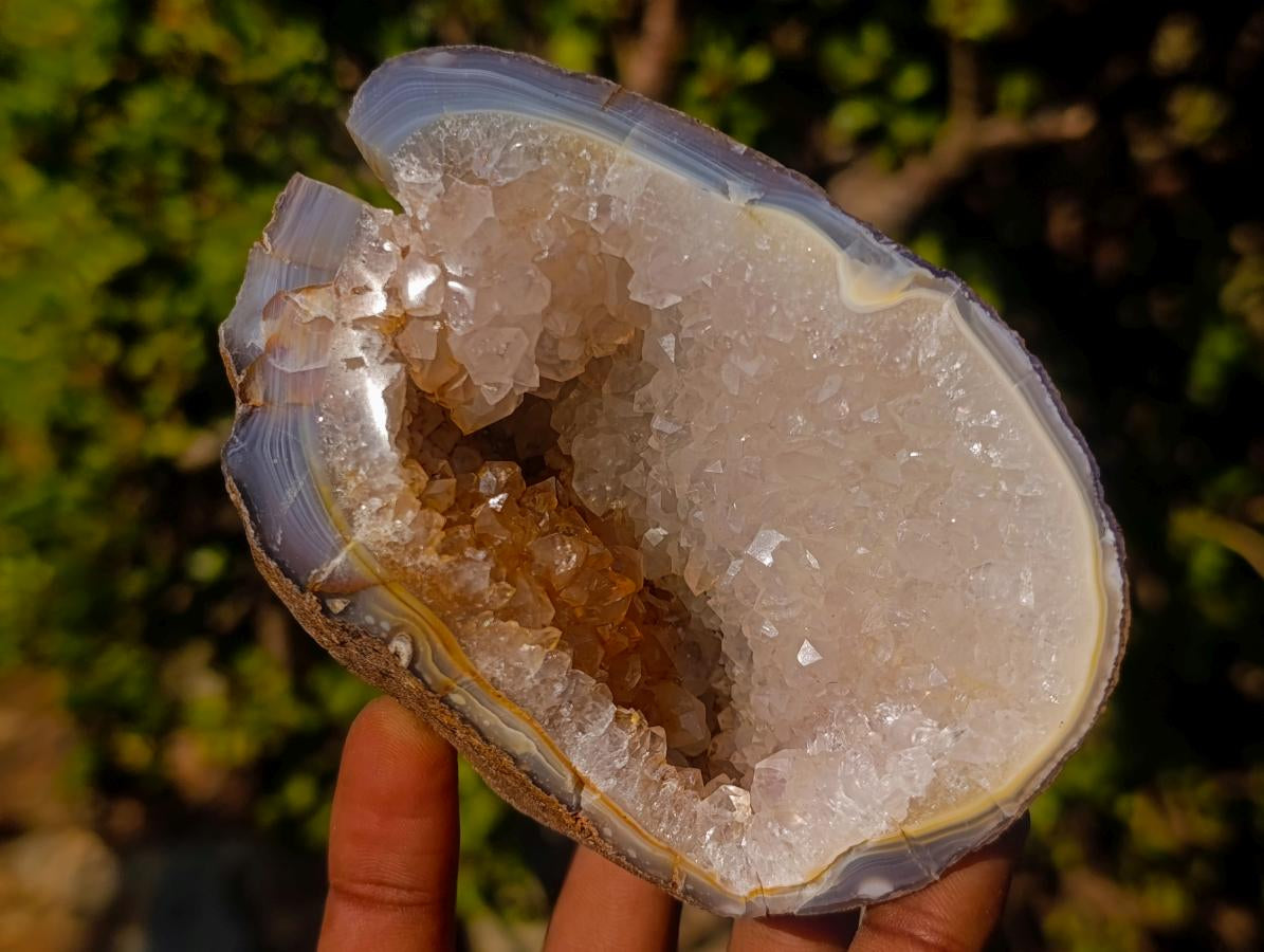 Polished One Side Banded Agate Nodules with Crystalline Geode Centres x 4 From Maintirano, Madagascar