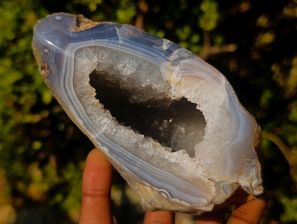 Polished One Side Banded Agate Nodules with Crystalline Geode Centres x 4 From Maintirano, Madagascar