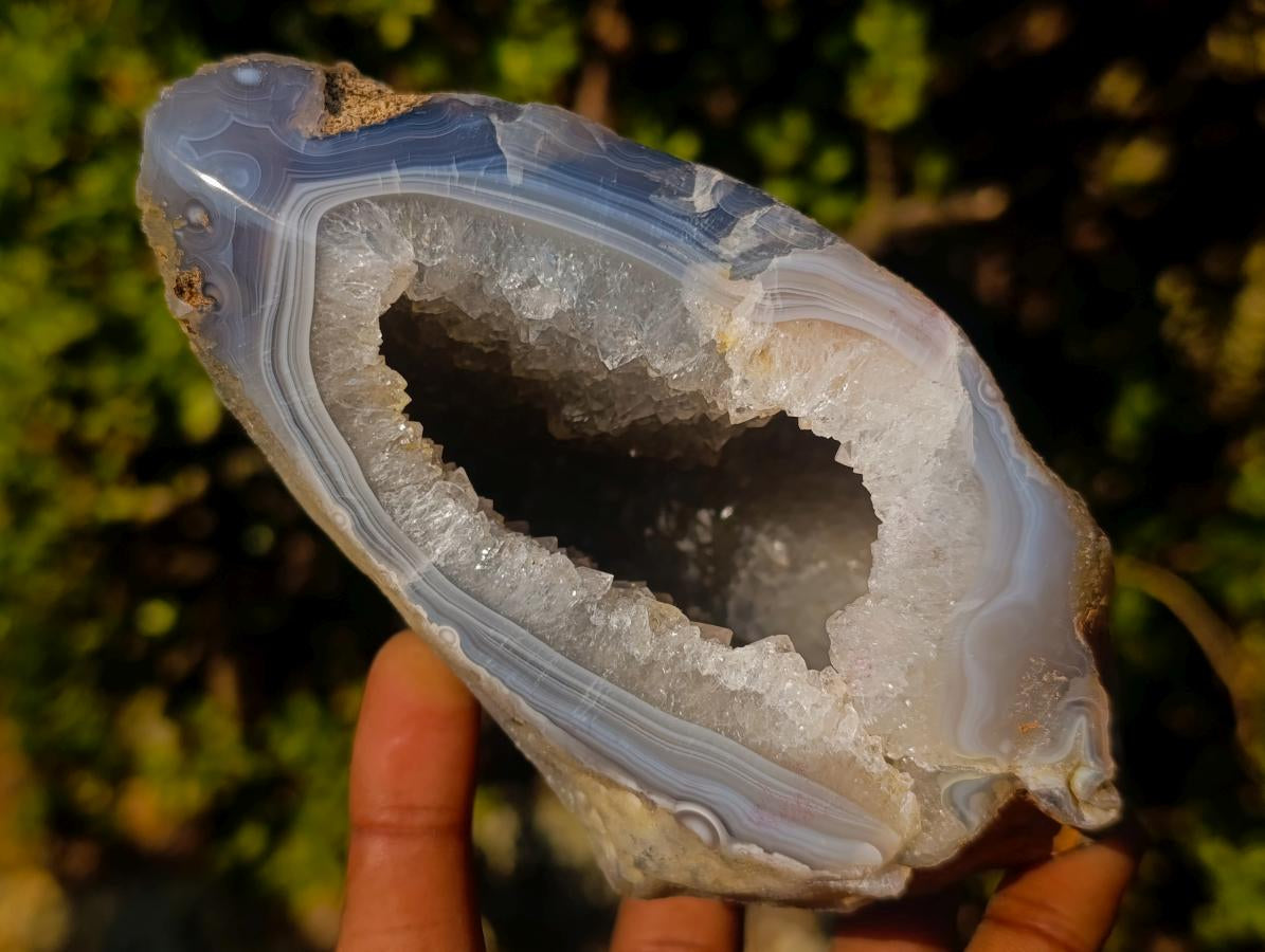Polished One Side Banded Agate Nodules with Crystalline Geode Centres x 4 From Maintirano, Madagascar