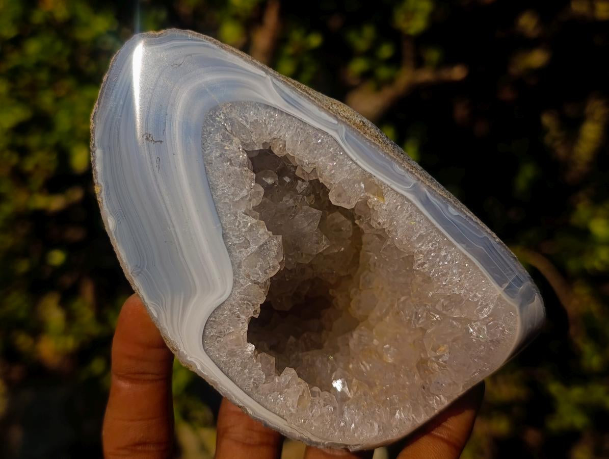 Polished One Side Banded Agate Nodules with Crystalline Geode Centres x 4 From Maintirano, Madagascar