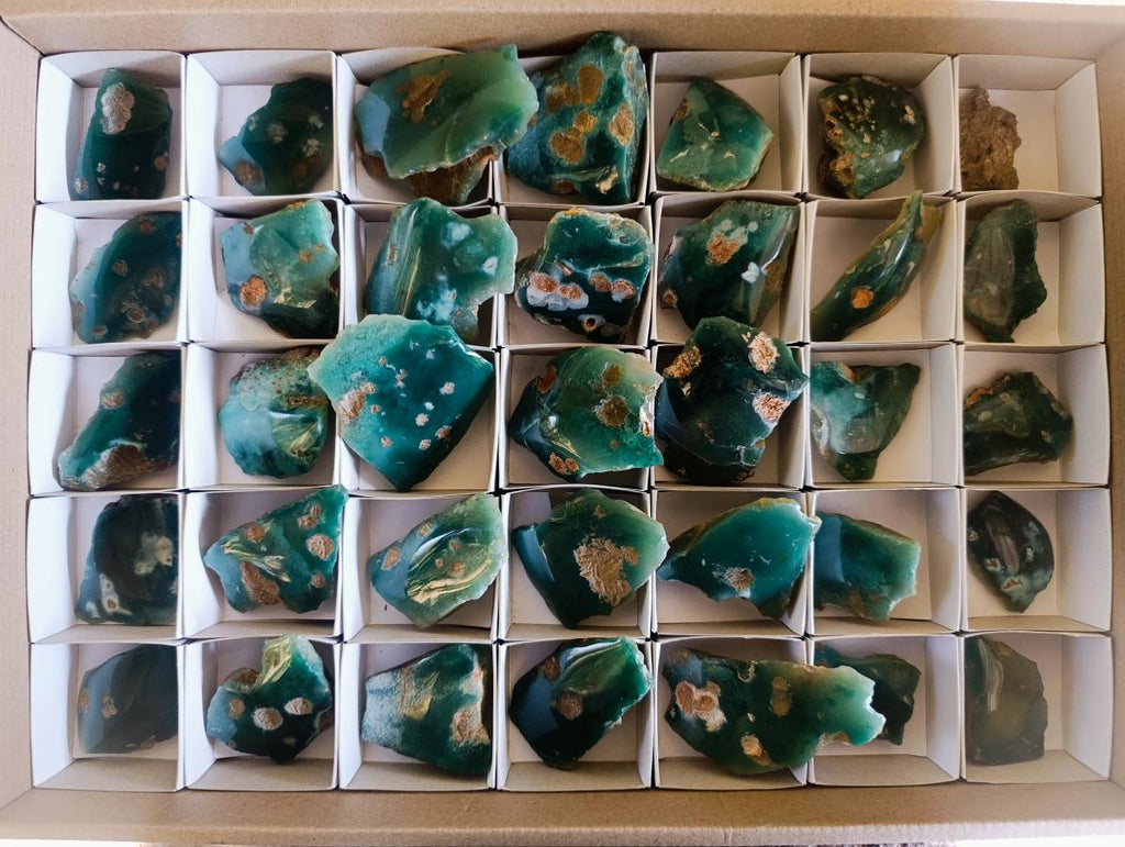 Polished on One Side Mtorolite Chrysoprase Slices x 35 From Mutorashanga, Zimbabwe