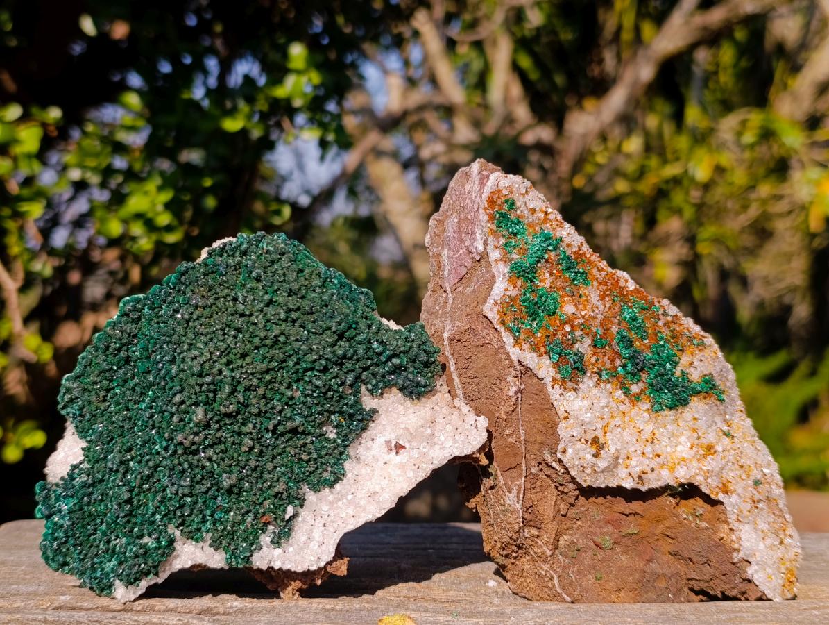 Natural Silky Ball Malachite Specimens with Quartz on Dolomite x 2 From Mindingi Mine, Congo