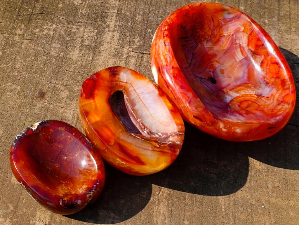 Polished Carnelian Agate Gemstone Bowls x 3 From Madagascar