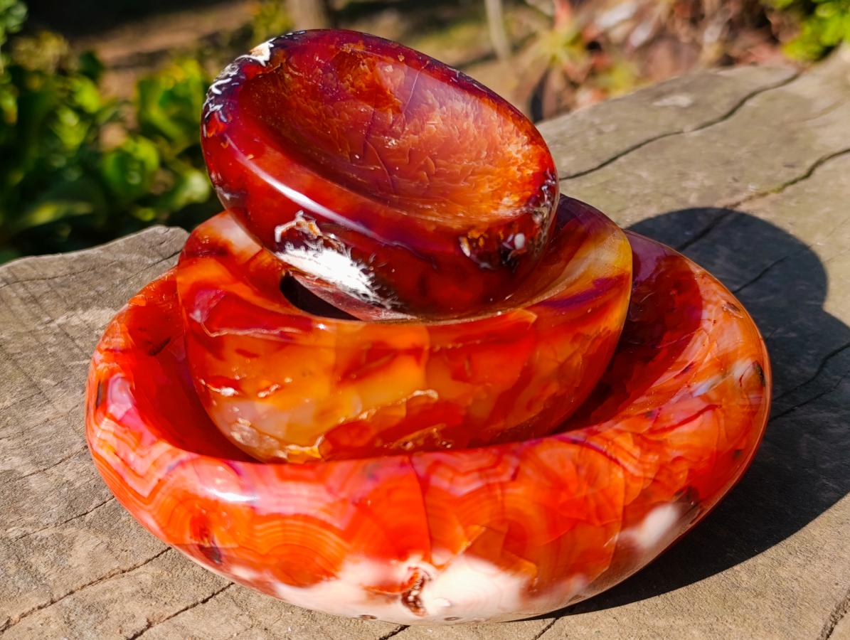 Polished Carnelian Agate Gemstone Bowls x 3 From Madagascar