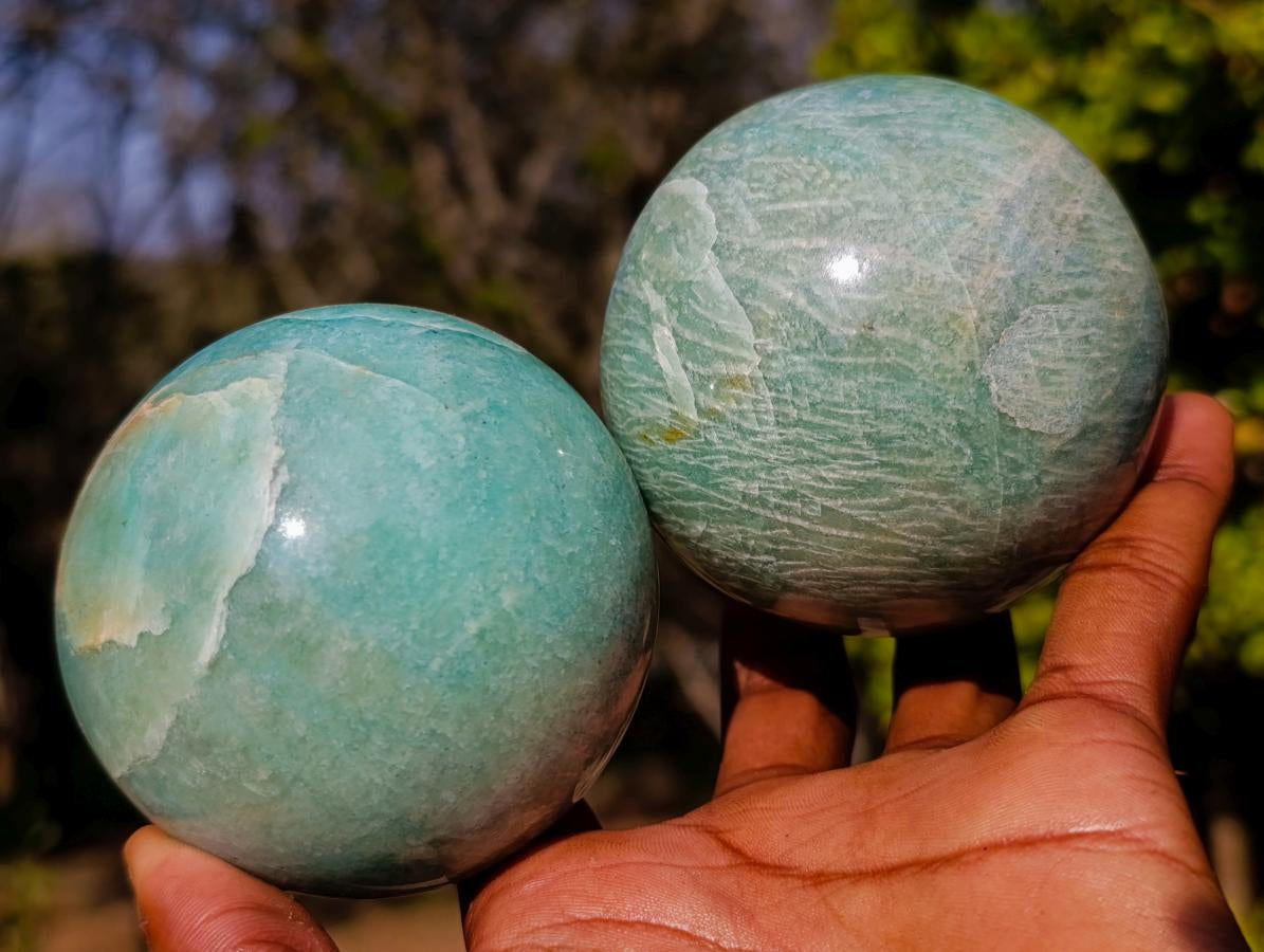 Polished Amazonite Spheres x 2 From Madagascar