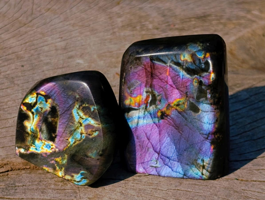 Polished Rare Purple Sunset Flash Labradorite Standing Display Pieces x 12 From Madagascar