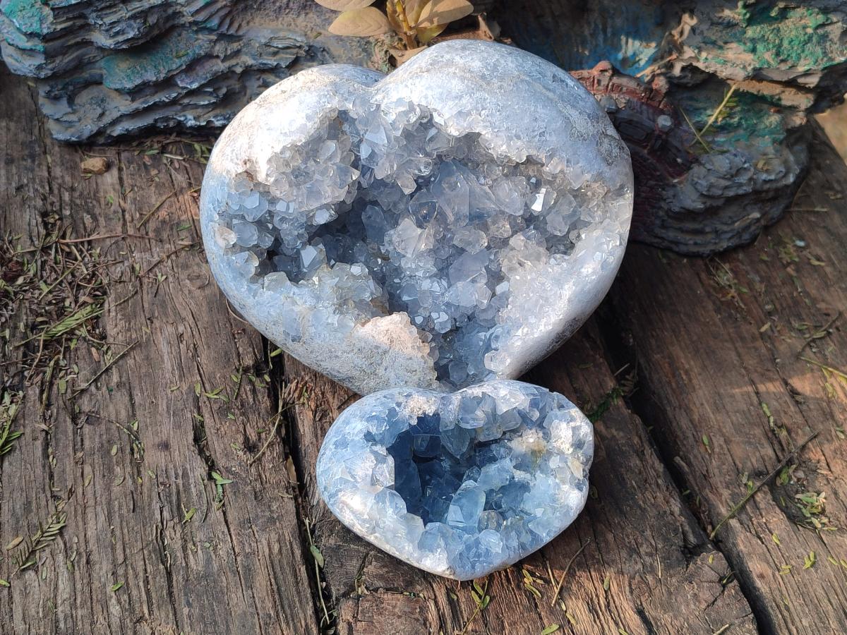 Polished and Natural Blue Celestite Hearts x 2 From Sakoany, Madagascar