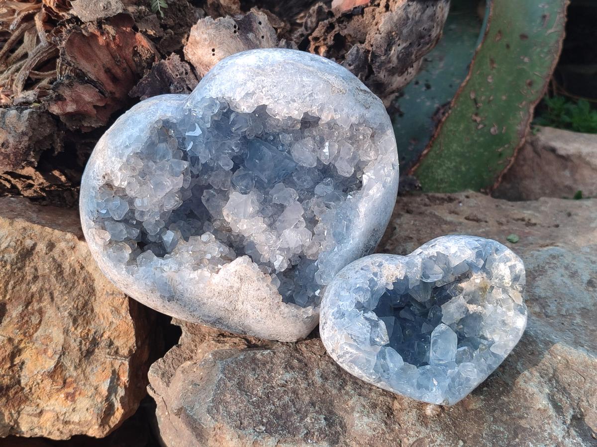 Polished and Natural Blue Celestite Hearts x 2 From Sakoany, Madagascar