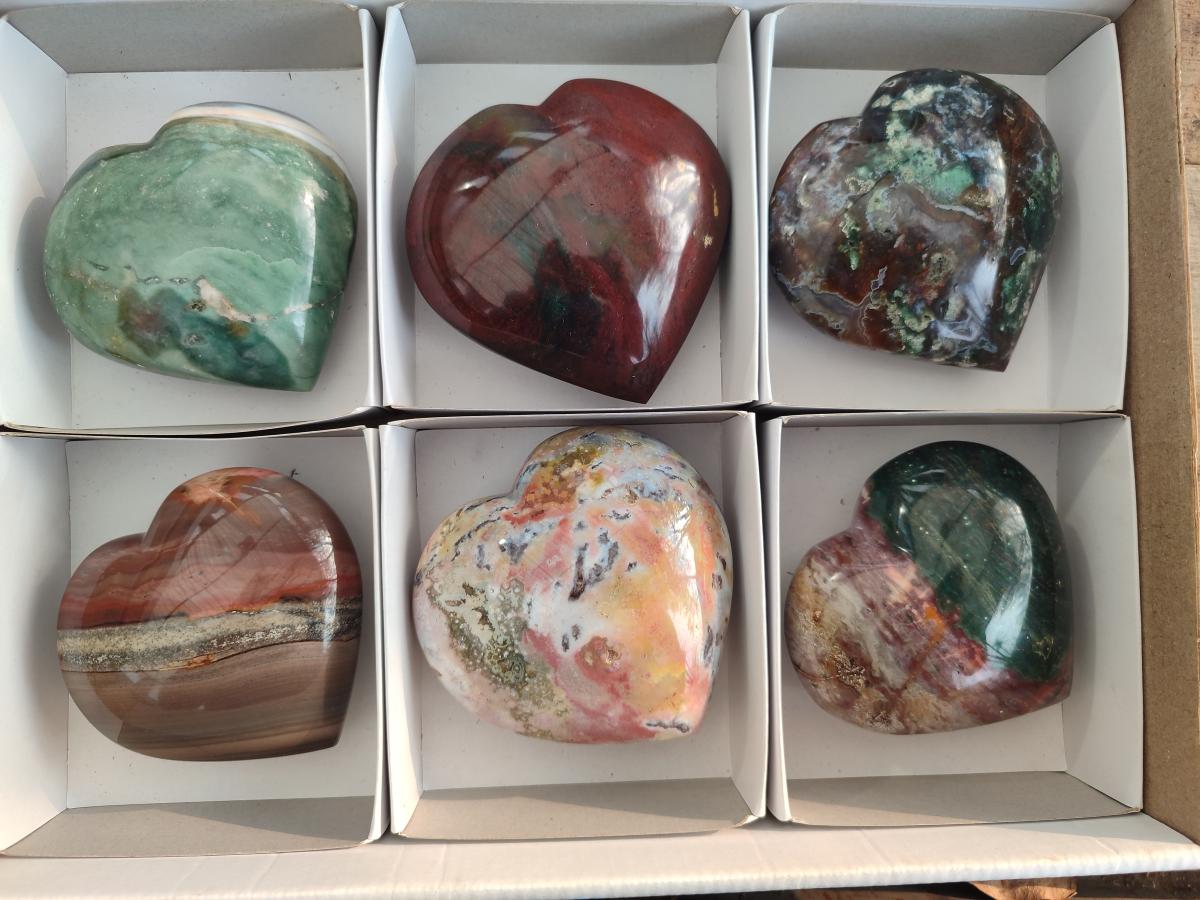 Polished Ocean Jasper Hearts x 6 From Northwest Coast, Madagascar