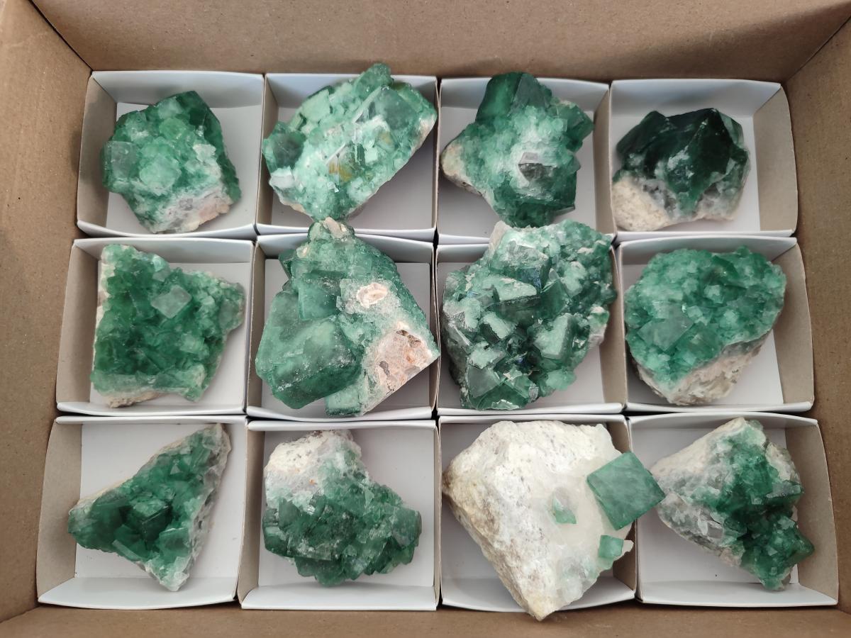 Natural Green Cubic Fluorite Specimens x 12 From Mandrosonoro, Madagascar