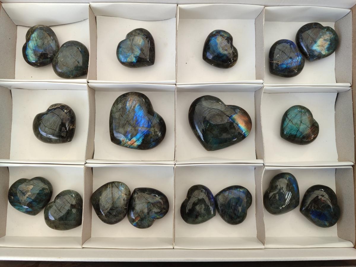 Polished Small Labradorite Hearts x 18 From Madagascar