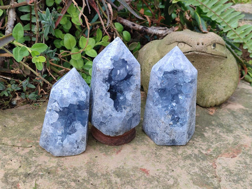 Polished and Natural Blue Celestite Display Crystals x 3 From Sakoany, Madagascar