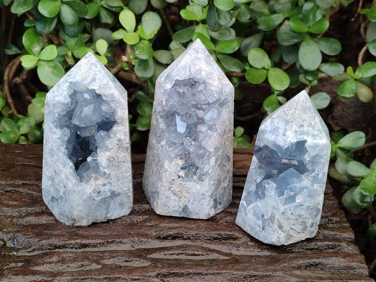 Polished and Natural Blue Celestite Display Crystals x 3 From Sakoany, Madagascar
