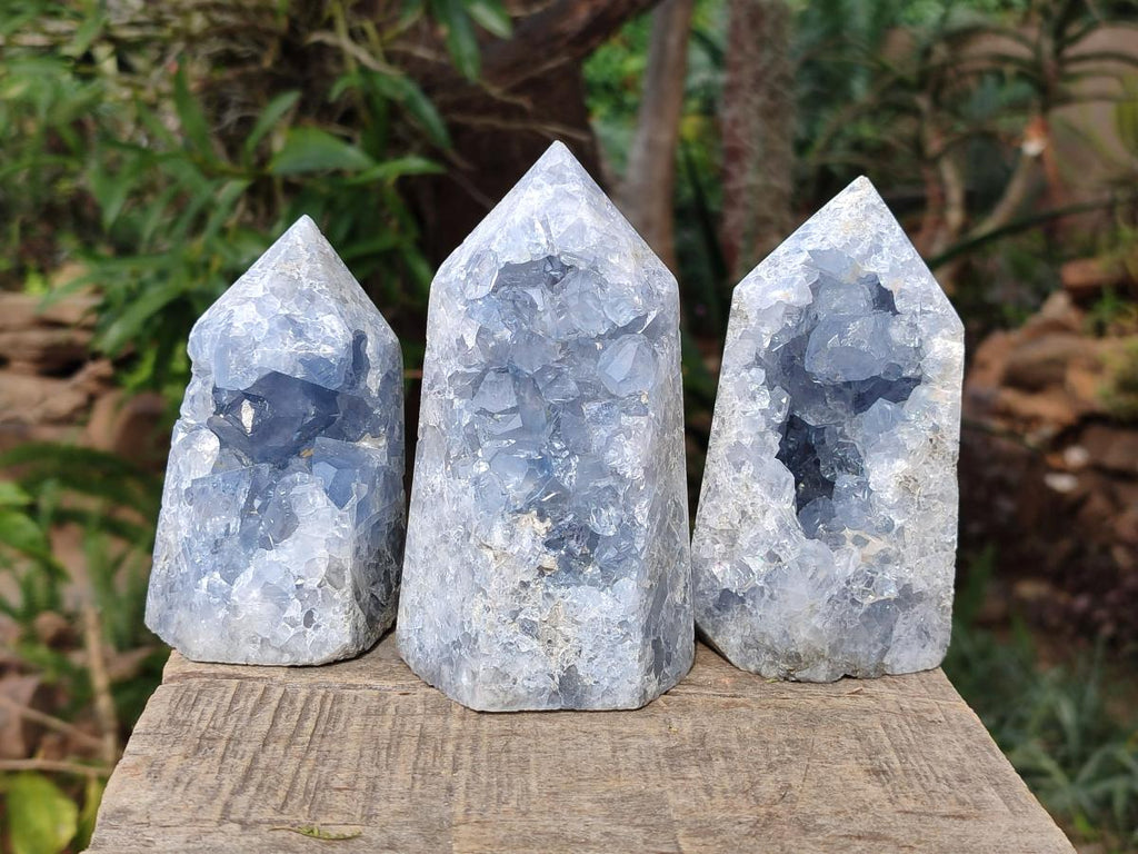 Polished and Natural Blue Celestite Display Crystals x 3 From Sakoany, Madagascar