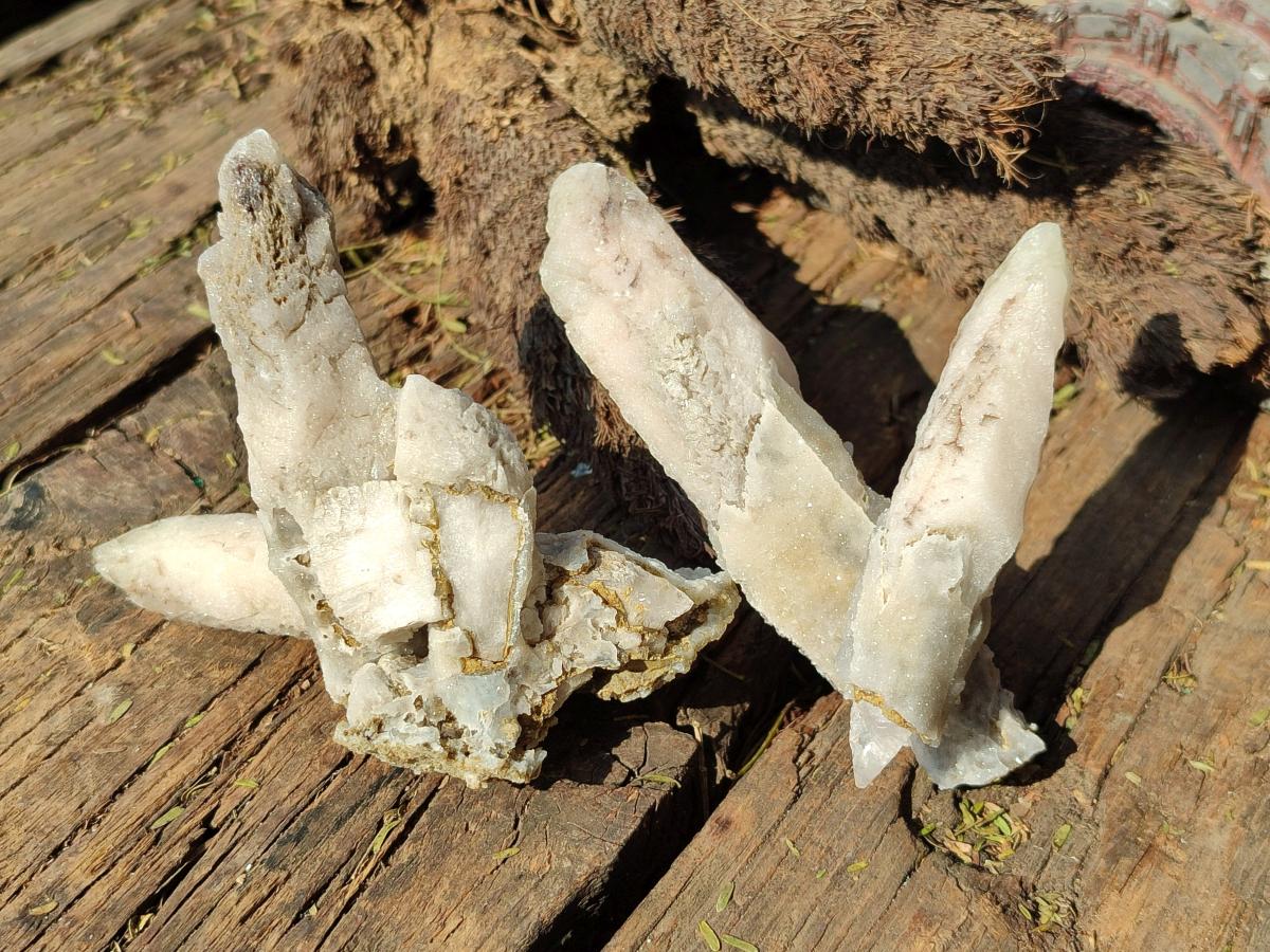 Natural Drusy Quartz Coated "Cock Spur" Calcite Crystals x 12 From Albert's Mountain, Lesotho