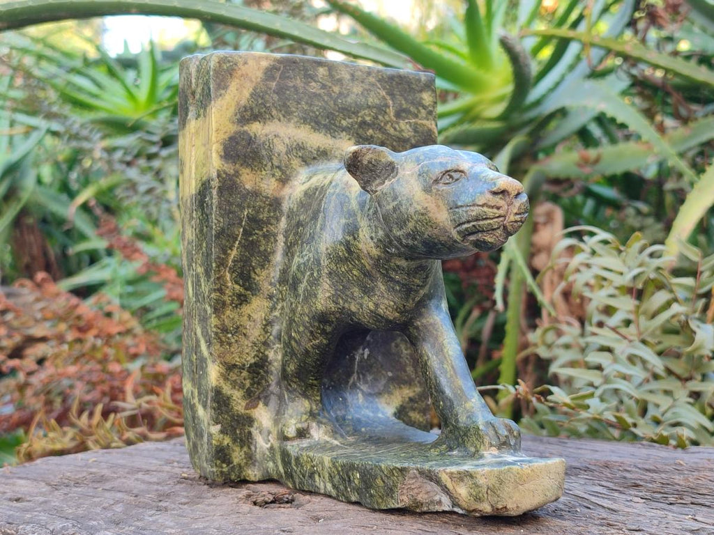Hand Made Pair of Leopard Stone Lion Book End Carvings x 1 From Zimbabwe