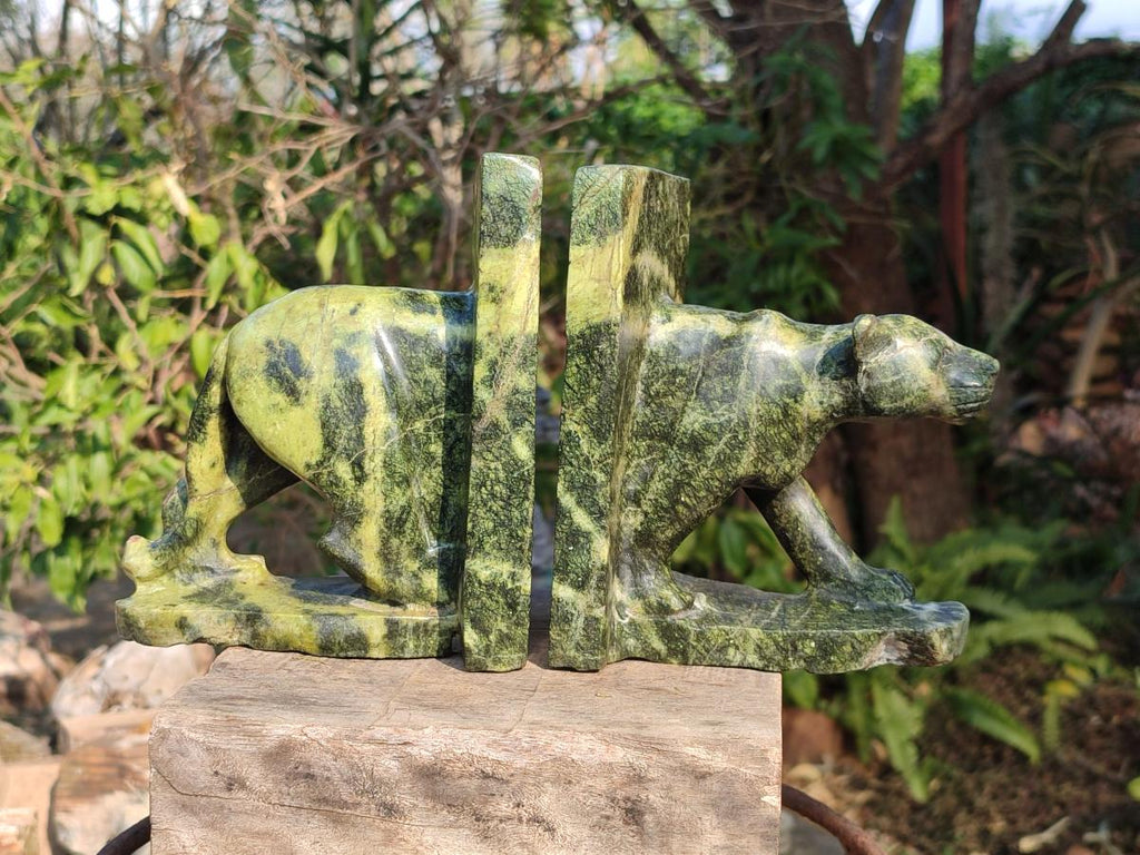 Hand Made Pair of Leopard Stone Lion Book End Carvings x 1 From Zimbabwe