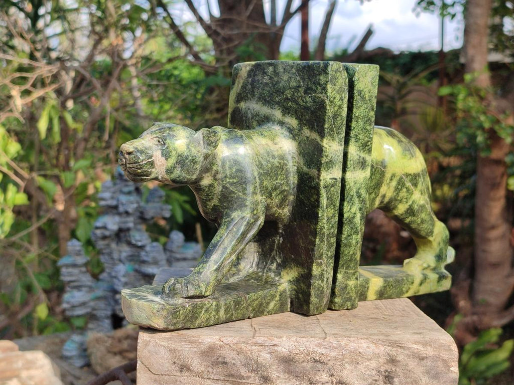 Hand Made Pair of Leopard Stone Lion Book End Carvings x 1 From Zimbabwe
