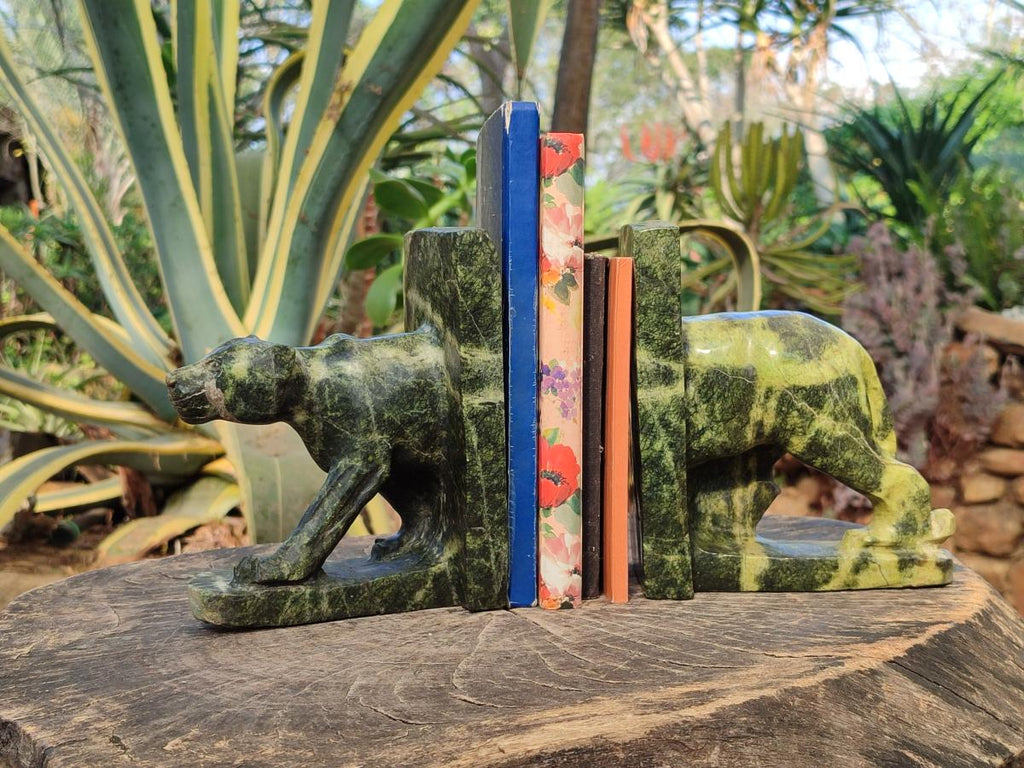 Hand Made Pair of Leopard Stone Lion Book End Carvings x 1 From Zimbabwe