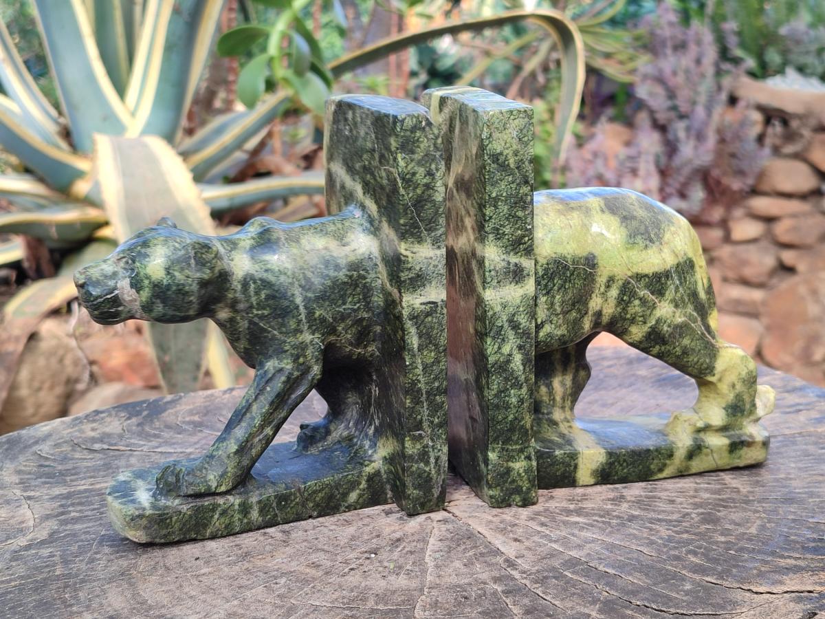 Hand Made Pair of Leopard Stone Lion Book End Carvings x 1 From Zimbabwe