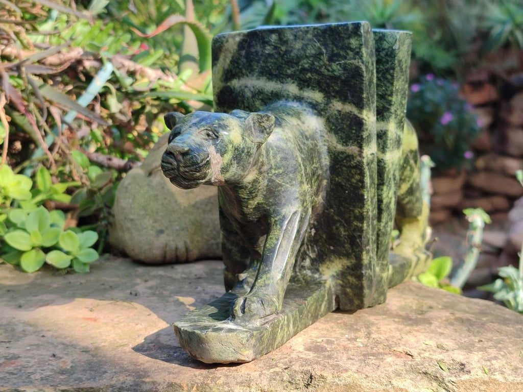 Hand Made Pair of Leopard Stone Lion Book End Carvings x 1 From Zimbabwe