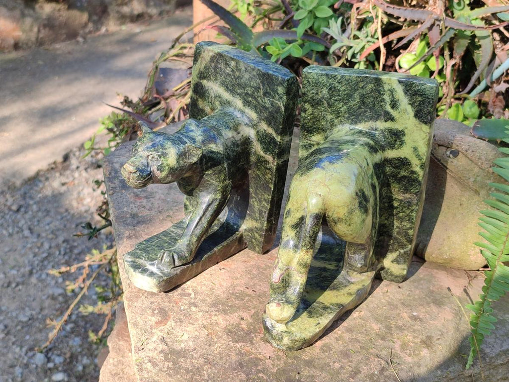 Hand Made Pair of Leopard Stone Lion Book End Carvings x 1 From Zimbabwe