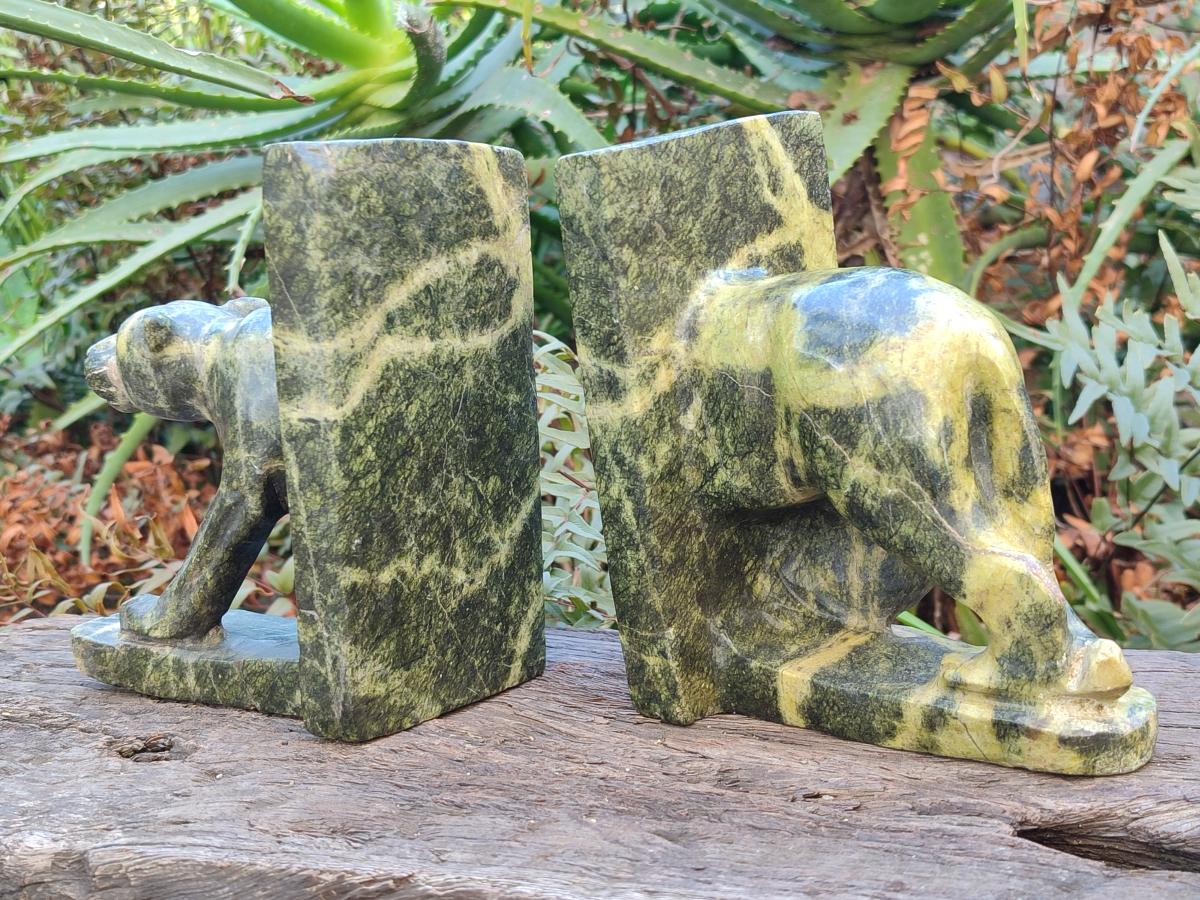 Hand Made Pair of Leopard Stone Lion Book End Carvings x 1 From Zimbabwe