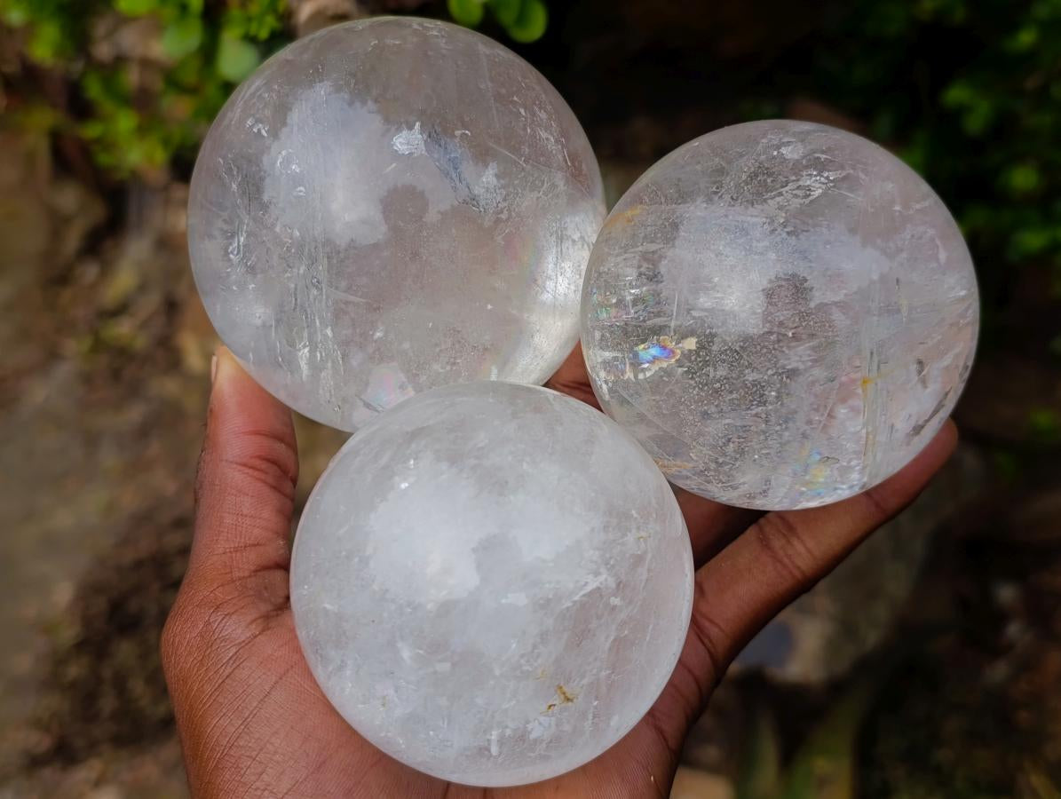 Polished Clear Quartz Crystal Balls x 3 From Madagascar