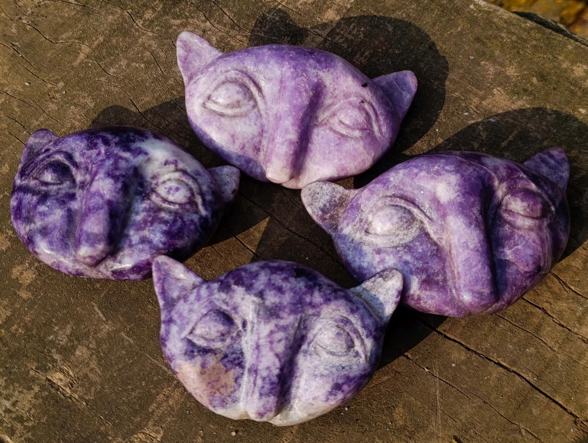 Hand Made Purple Lepidolite Cat Head Carvings x 4 From Zimbabwe - Toprock Gemstones and Minerals 