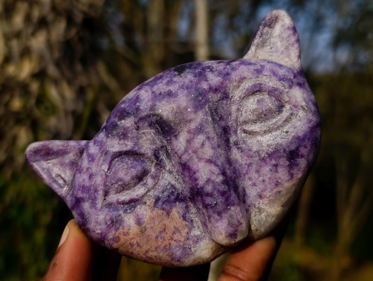 Hand Made Purple Lepidolite Cat Head Carvings x 4 From Zimbabwe - Toprock Gemstones and Minerals 