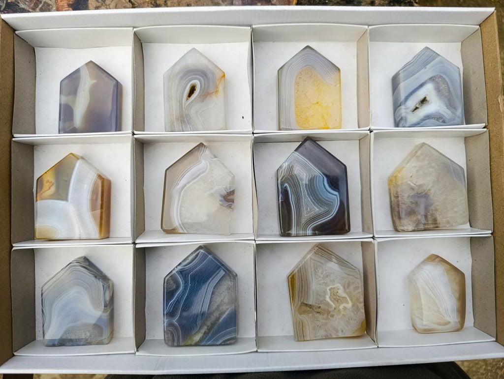 Polished Banded Agate Crystal Shaped Slices x 12 From Madagascar