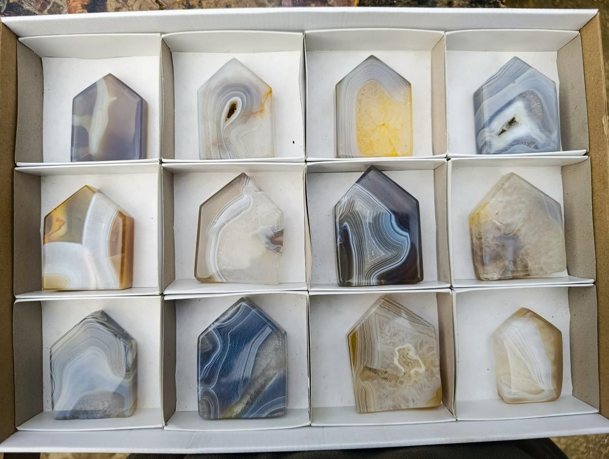 Polished Banded Agate Crystal Shaped Slices x 12 From Madagascar