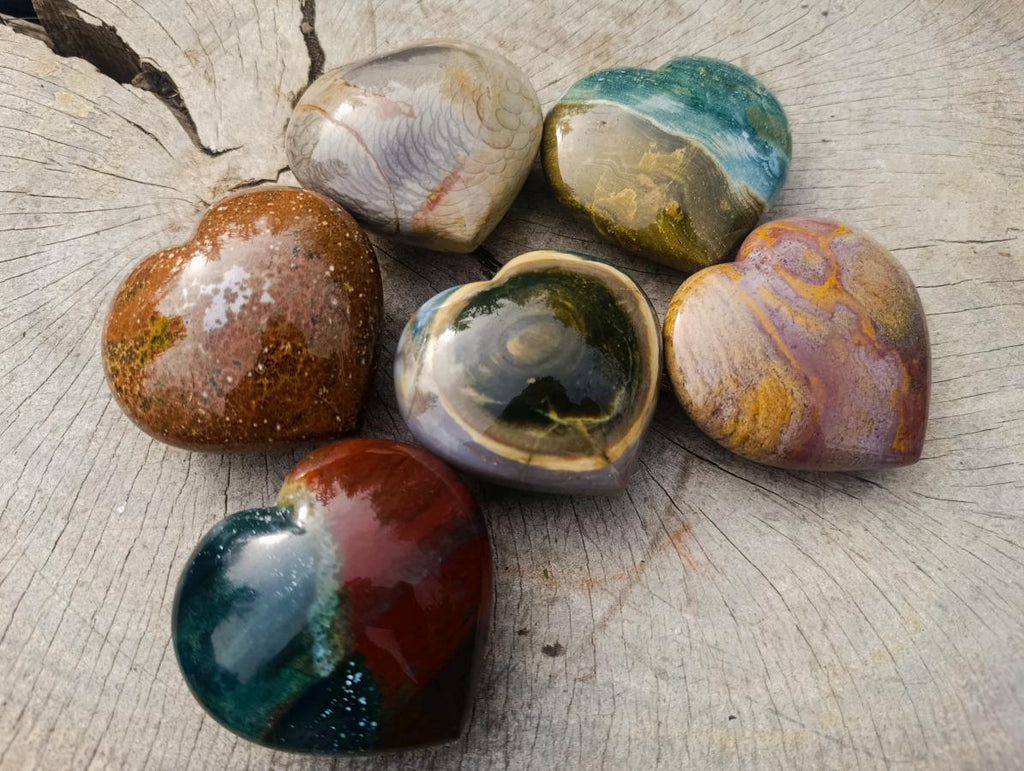 Polished Ocean Jasper Hearts x 6 From Northwest Coast, Madagascar - Toprock Gemstones and Minerals 