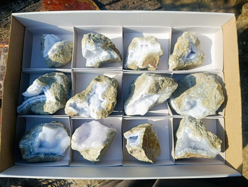 Natural Blue Lace Agate Geode Specimens x 12 From Nsanje, Malawi - Toprock Gemstones and Minerals 