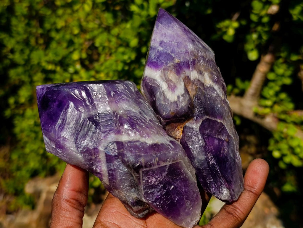 Polished Chevron Amethyst Witches Hat Crystals x 4 From Zambia - Toprock Gemstones and Minerals 