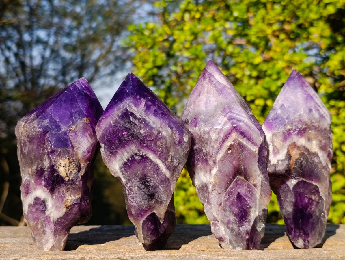Polished Chevron Amethyst Witches Hat Crystals x 4 From Zambia - Toprock Gemstones and Minerals 