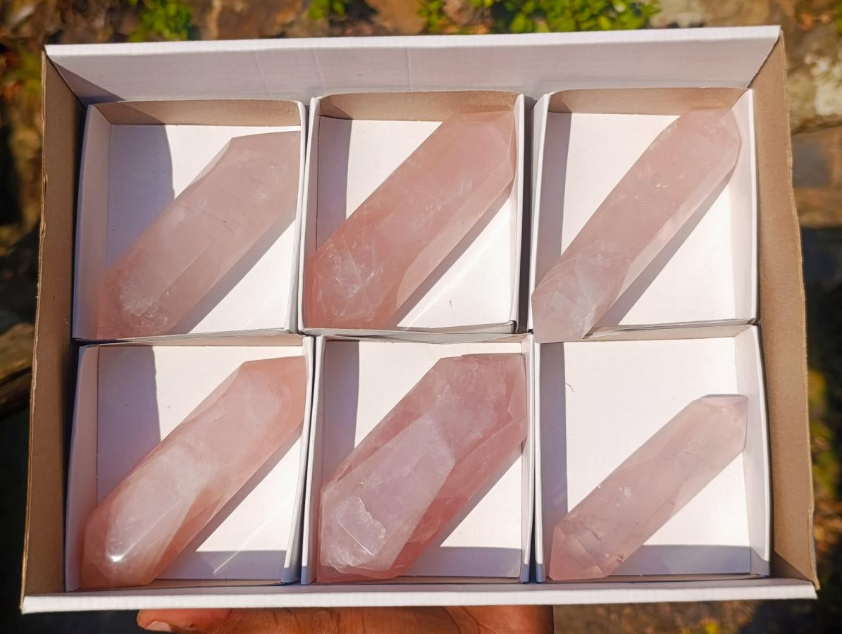 Polished Double Terminated Gemmy Rose Quartz Crystals x 6 From Madagascar - Toprock Gemstones and Minerals 