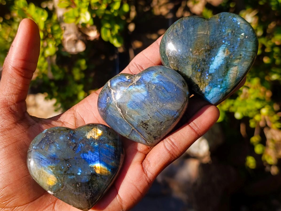 Polished Labradorite Hearts x 12 From Madagascar - Toprock Gemstones and Minerals 
