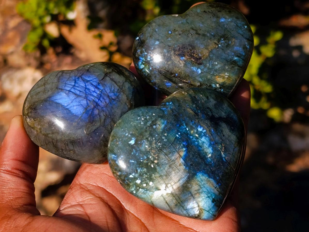 Polished Labradorite Hearts x 12 From Madagascar - Toprock Gemstones and Minerals 