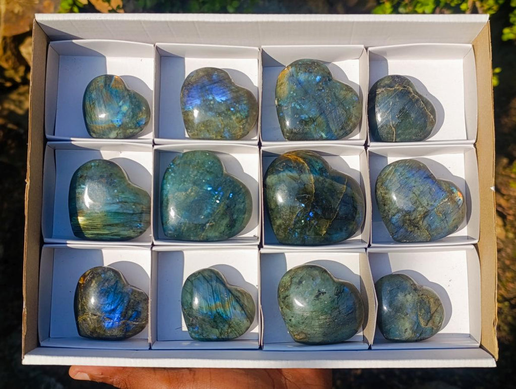 Polished Labradorite Hearts x 12 From Madagascar - Toprock Gemstones and Minerals 