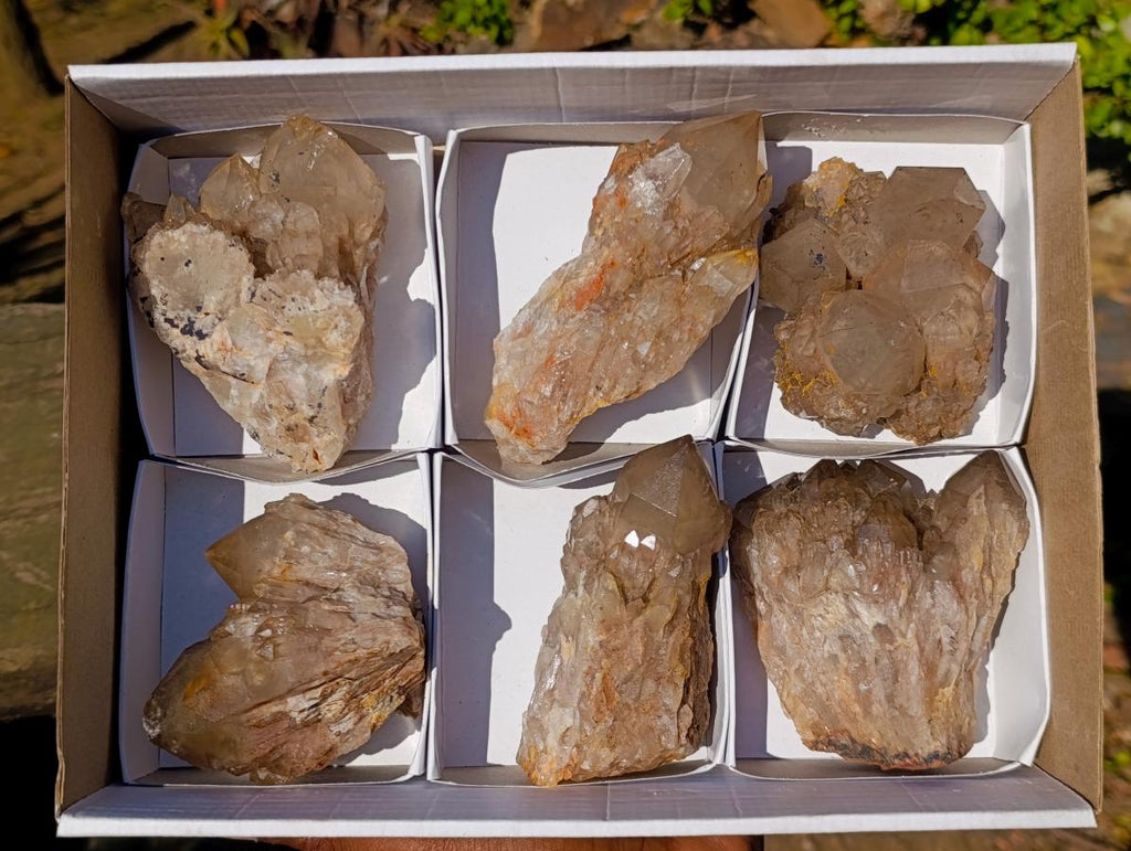 Natural Cascading Smokey Phantom Quartz Clusters x 6 From Luena, Congo - Toprock Gemstones and Minerals 
