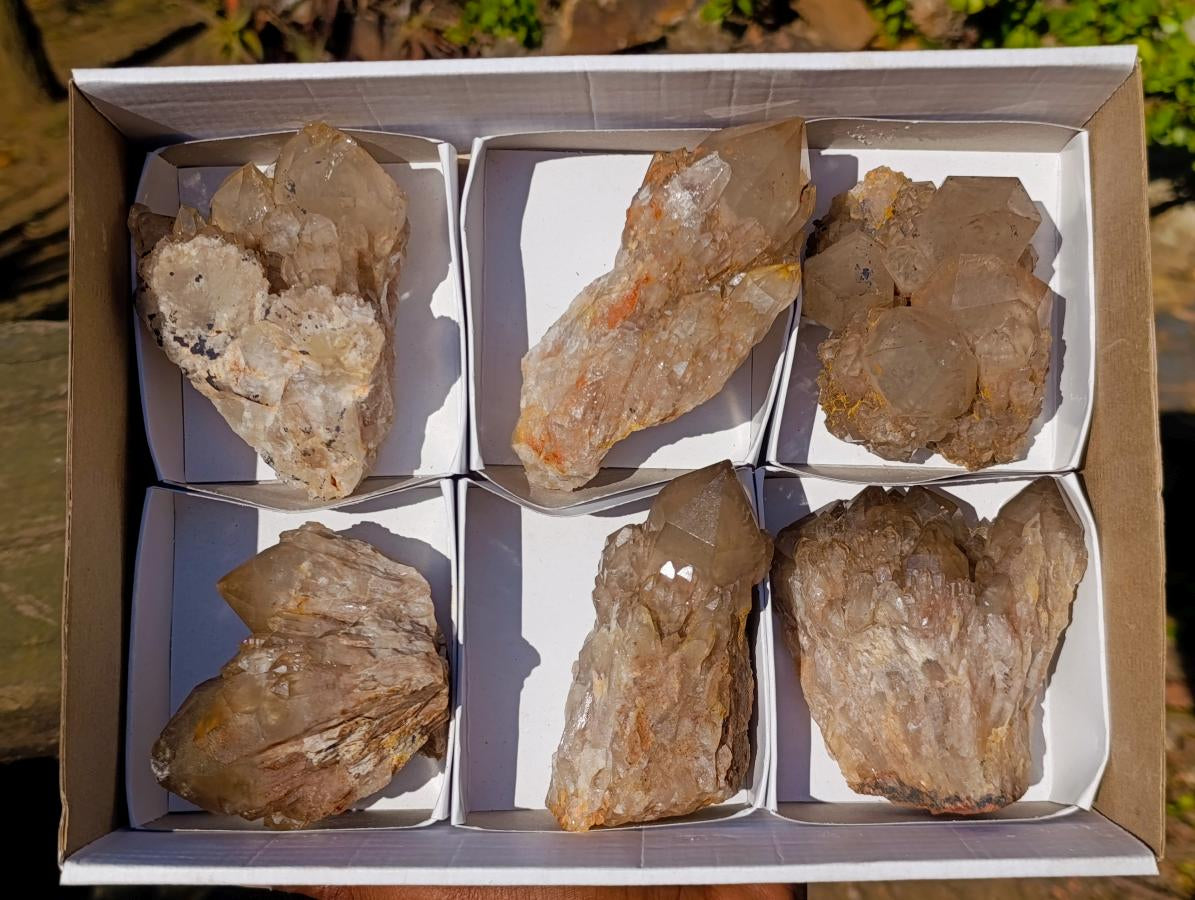 Natural Cascading Smokey Phantom Quartz Clusters x 6 From Luena, Congo - Toprock Gemstones and Minerals 