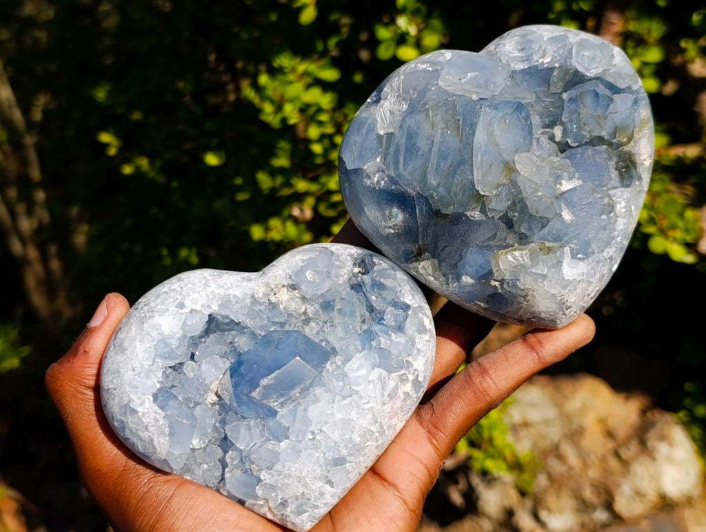 Polished Blue Celestite Hearts x 2 From Sakoany, Madagascar - Toprock Gemstones and Minerals 