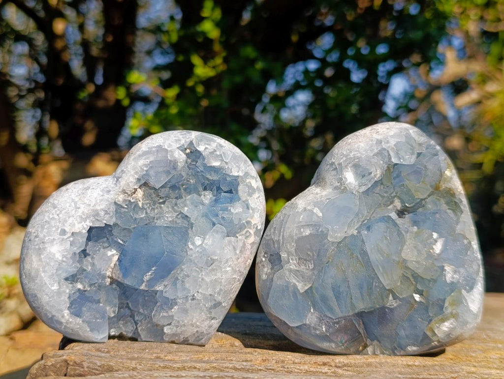 Polished Blue Celestite Hearts x 2 From Sakoany, Madagascar - Toprock Gemstones and Minerals 